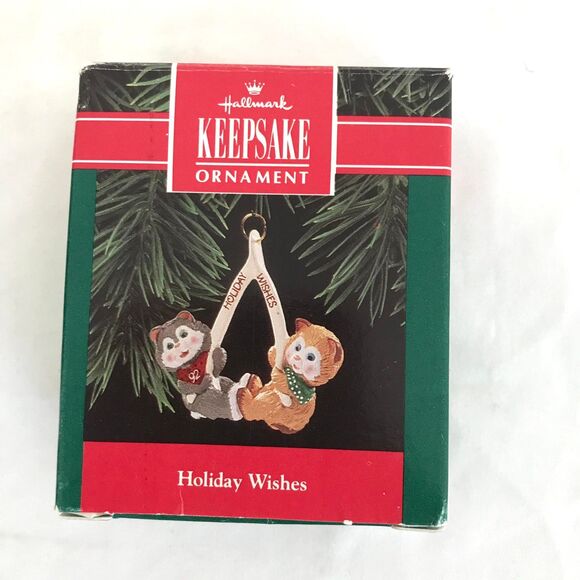 1992 Hallmark Keepsake Holiday Wishes Two Kittens On Wishbone Christmas Ornament - Picture 2 of 7